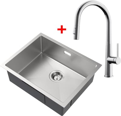 Auralum Max Spoelbak voor keuken 55x44cm - Spoelbak Keuken Met C-uitloop Keukenkraan - Spoelbakken met sifon en overloopset - Enkele spoelbakken - RVS