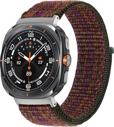 Bandz Nylon loop band - geschikt voor Samsung Galaxy Watch Ultra 2 (2026) / Ultra (2024/2025) - bandje van hoogwaardig nylon materiaal met klittenbandsluiting (groen-oranje mix)