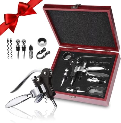 wijnset, 8 stuks, handmatige wijnopener, sommelierset, roestvrij staal, rode wijn, flesopener met klassiek houten etui voor wijnflessen, wijnopener, kit voor bruiloft, Kerstmis, papa