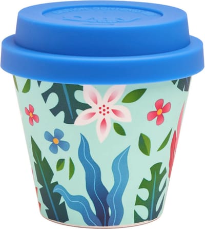 Quy Cup - 90ml Ecologische Reis Beker - Espressobeker “Flower” met blauw Siliconen deksel 7x7x7cm