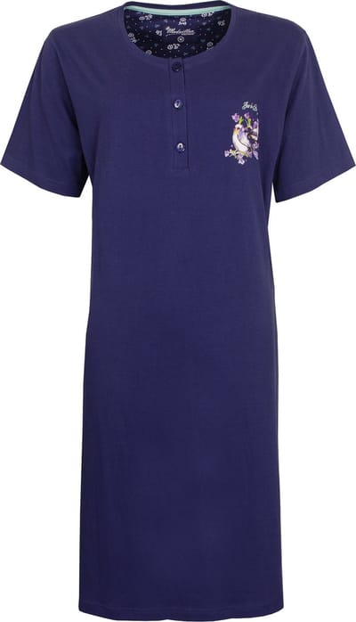 Medaillon Dames Nachthemd - 100% Katoen - Donker Blauw - Maat S