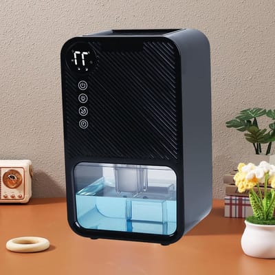 23w mini-luchtontvochtiger, draagbare kleine luchtontvochtiger, voorzien van een slim scherm, automatische uitschakeling en een 24-uurs timer, 7 kleurenverlichting, 360° ontvochtiging van de hele woning, luchtontvochtiger, zwart