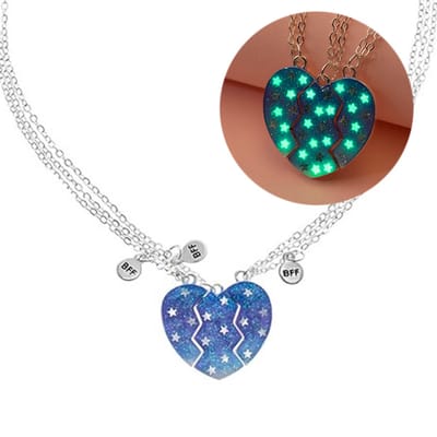 Bixorp Friends BFF Ketting voor 3 met Magnetisch Glow in the Dark Hartje - Zilverkleurig - BFF Sieraad