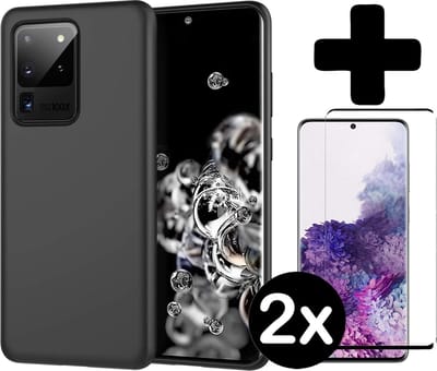 Hoesje - Met 2x Screenprotector - Geschikt voor Samsung Galaxy S20 Ultra - Sterk & Shockproof - Telefoon Hoes - Back Cover - Siliconen Case - Telefoonhoes - Zwart