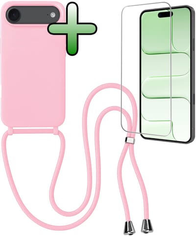 Hoes Geschikt voor iPhone Air Hoesje Met Koord Met Screenprotector - Telefoonhoesje Geschikt voor iPhone Air Backcover Met Afneembaar Koord - Lichtroze