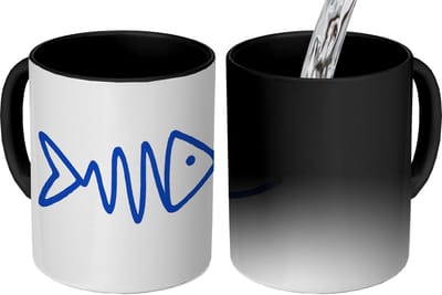 Magische Mok - Foto op Warmte Mokken - Koffiemok - Vis - Minimalistisch - Blauw - Lijn - Magic Mok - Beker - 350 ML - Theemok