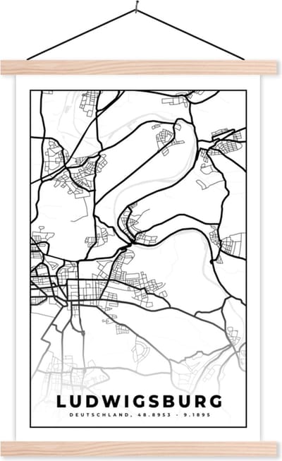 Posterhanger incl. Poster 40x60 cm - Schoolplaat - Stadskaart - Plattegrond - Ludwigsburg - Kaart - Textielposter - Blanke latten - Stadskaart