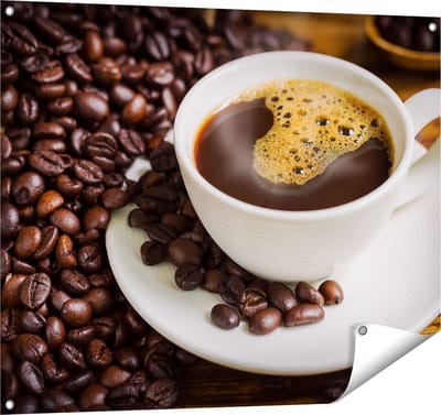 Gards Tuinposter Kopje Koffie met Koffiebonen - 100x80 cm - Tuindoek - Tuindecoratie - Wanddecoratie buiten - Tuinschilderij
