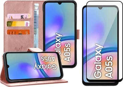 Hoesje geschikt voor Samsung Galaxy A05s - Screenprotector Volledig Dekkend Glas - Portemonnee Book Case Rosegoud
