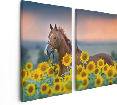 Artaza Canvas Schilderij Tweeluik Bruin Paard Tussen De Zonnebloemen - 80x60 - Foto Op Canvas - Canvas Print