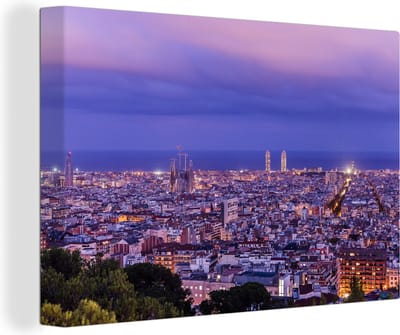 Canvas schilderij 180x120 cm - Wanddecoratie Skyline - Barcelona - Spanje - Muurdecoratie woonkamer - Slaapkamer decoratie - Kamer accessoires - Schilderijen