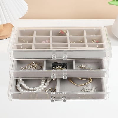 Stijlvolle Acryl Sieraden Organizer met Velours Lades voor Oorbellen, Ringen en Armbanden (Grijs, 3 Lades)