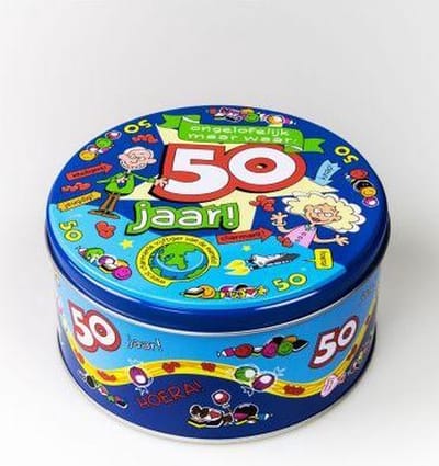 Drop - Snoeptrommel - 50 jaar - Gevuld met Drop - In cadeauverpakking met gekleurd lint
