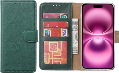 Hoesje Geschikt voor iPhone 16 – Arara bookcase met pasjeshouder - Groen