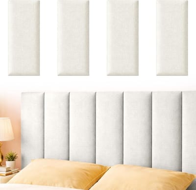 Set van 4 Zelfklevende Wandkussens 40 x 20 cm, Zachte Wandpanelen voor Hoofdeinde, Bescherming en Decoratie in Kinderkamer, Slaapkamer en Kantoor (Wit)