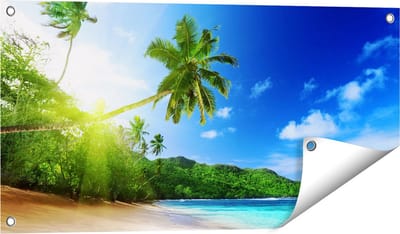 Gards Tuinposter Strand tijdens Zonsondergang in Seychellen - 80x40 cm - Tuindoek - Tuindecoratie - Wanddecoratie buiten - Tuinschilderij