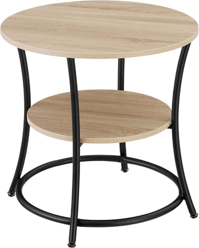 Ronde Bijzettafel Industrieel Design met 2 Planken - Lichtbruin Houtlook en Zwart Staal