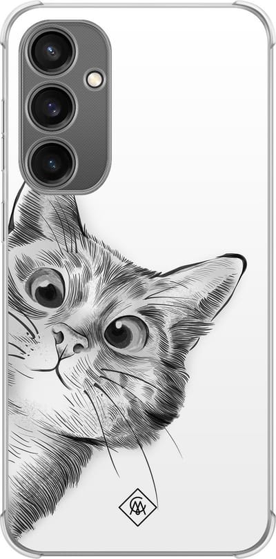 Casimoda® hoesje - Geschikt voor Samsung Galaxy S23 FE - Kat Kiekeboe - Shockproof case - Extra sterk - TPU/polycarbonaat - Grijs, Transparant