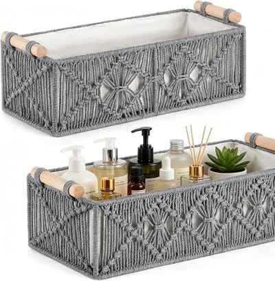 Set van 2 gevlochten opbergmanden, macramé opbergmanden, decoratieve box, boho-decoratie, handgemaakt macramé van katoenen touw met handgrepen voor decoratie (grijs, set van 2)