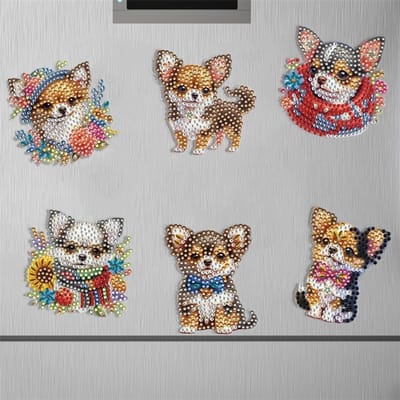 6 Pack Dieren Bloem Magneten voor Koelkast - Diamond Art Kit en Stickers voor Volwassenen - DIY Huisdecoratie met Hondenthema