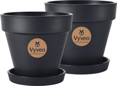 Vyveo - Bloempot Oslo met onderzetter - Set van 2 - 14x12 - Zwart - Bloempot voor binnen en buiten - Lichtgewicht - Breukbestendig - Vorstbestendig - UV-bestendig