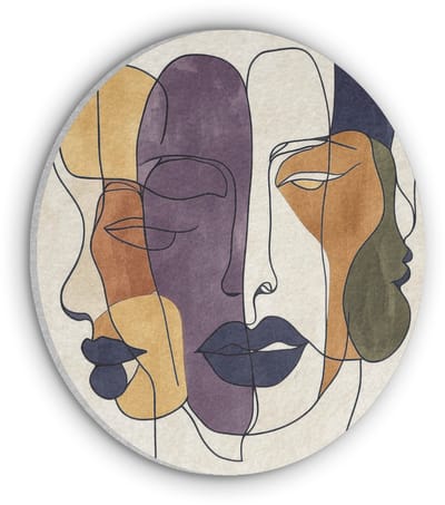 Akoestisch wandpaneel rond 30x30 cm - Vilt schilderij Abstract - Overlappende gezichten - Paars - Donkergroen - Ronde akoestische panelen - Geluidsdempende wanddecoratie - Geluidsisolatie wandcirkel - Muurdecoratie geluidspanelen