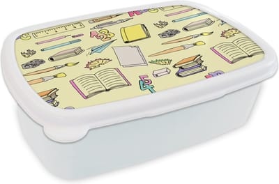 Broodtrommel Wit - Lunchbox - Brooddoos - School - Patronen - Potlood - 18x12x6 cm - Volwassenen