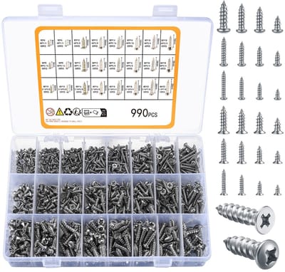 Dailygoods- Zelftappende Schroeven 990-delig - Roestvrij Staal - M3/M4/M5/M6 - Platte/Ronde Kop - Geschikt voor Hout/Gipsplaten - Kruiskopschroeven