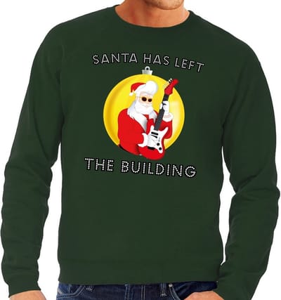 Foute kersttrui / sweater Santa Elvis has Left the Building voor heren - groen - Kerstman met gitaar S