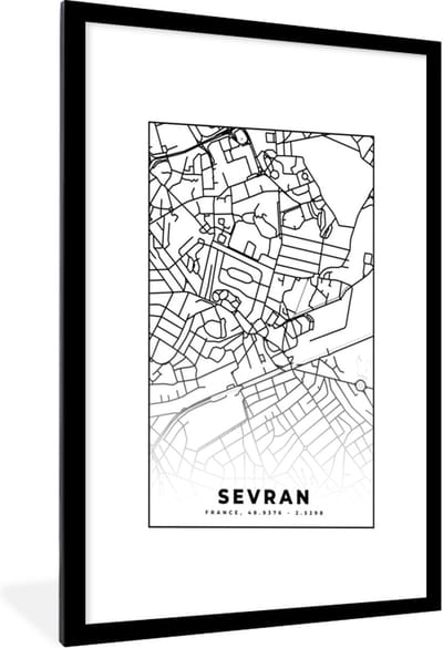 Fotolijst incl. Poster Zwart Wit- Kaart - Sevran - Frankrijk - Stadskaart - Plattegrond - Zwart wit - 60x90 cm - Posterlijst