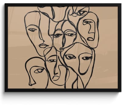 Poster in lijst - Fotolijst 80x60 cm - Posters - Gezichtenzee - Lijntekening - Abstract - Posterlijst zwart - Decoratie - Wanddecoratie woonkamer - Muurdecoratie slaapkamer