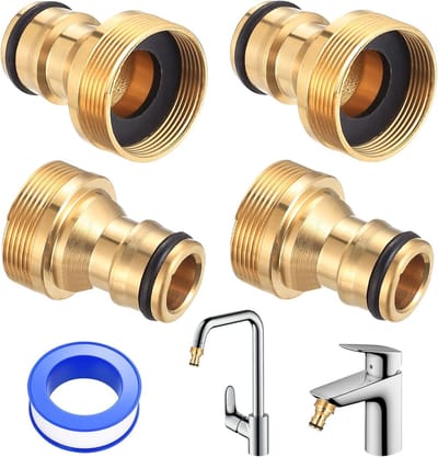 4-delige universele kraanconnector set voor snelkoppeling, geschikt voor tuinslangen en adapters van 1/2 inch en 3/4 inch. Perfect voor tuinonderhoud en watergebruik.