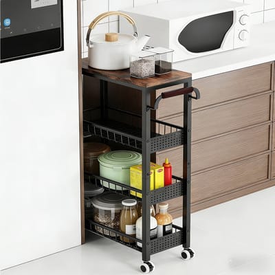 4-laags keukenkar op wieltjes – hardhouten smal opbergrek (40,0 × 20,0 × 86,4 cm) – mobiele organisatiekar zonder elektriciteit