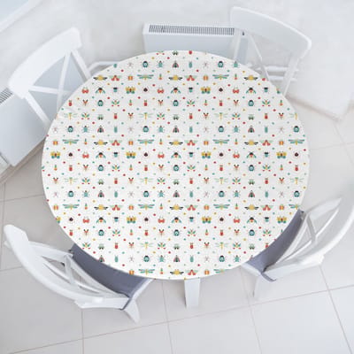 ABAKUHAUS Insecten Elastisch Rond Tafelkleed, Allround Elastisch Stoffen Tafelkleed, 100 cm - 110 cm, Witblauw Meerkleurig