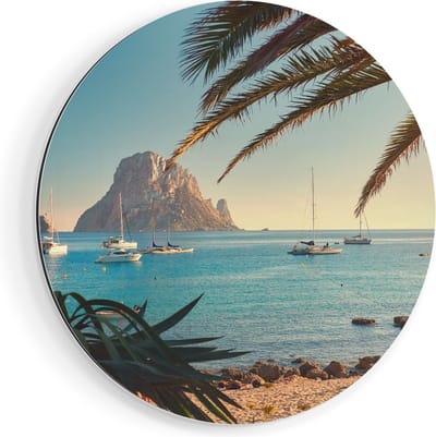 Artaza Dibond Muurcirkel Ibiza Cala d'Hort Strand  - Ø 90 cm - Groot - Wandcirkel - Rond Schilderij - Voor Binnen en Buiten