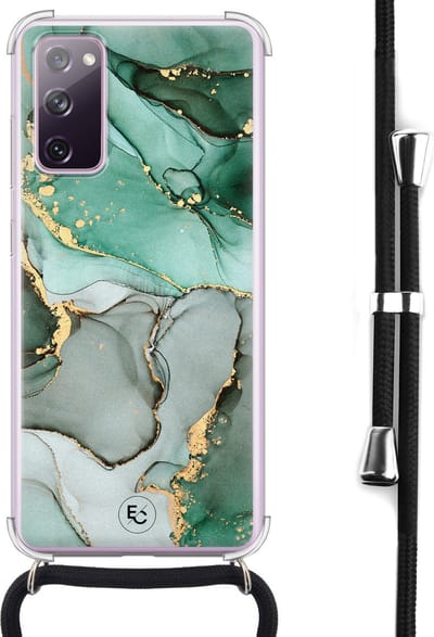 Hoesje met koord geschikt voor Samsung Galaxy S20 FE - Marble Design - Inclusief koord - Crossbody beschermhoes - Transparant, Groen - ELLECHIQ