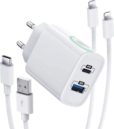 2-Poorten Oplaadstekker met 2x Oplader Kabel - Geschikt voor iPhone Snellader USB C