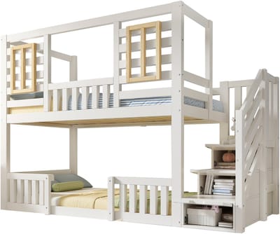 Wishdor Stapelbed 90 x 200 cm - Hutstijl met Houten Ramen - Trapkast met Magneetdeuren - Open Bovenbed - Zelf Aan te Kleden met Gordijnen - EN747-1/-2:2024 Gecertificeerd - Grenenhout, MDF en Multiplex - Wit