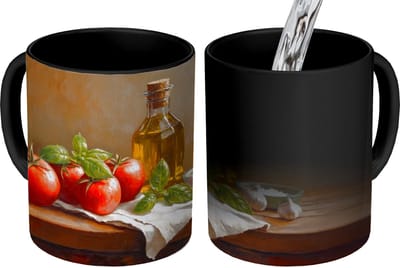 Magische Mok - Foto op Warmte Mokken - Koffiemok - Tomaten - Olijfolie - Stilleven - Magic Mok - Beker - 350 ML - Theemok