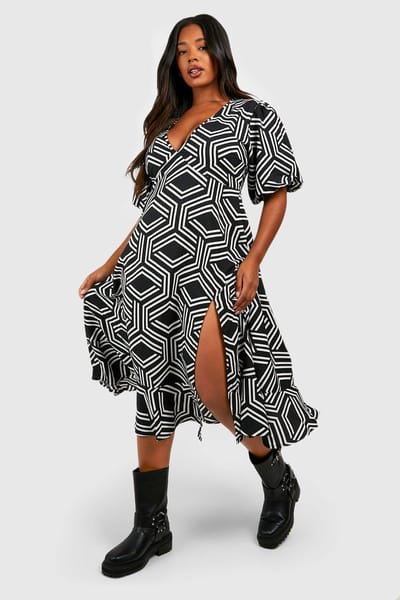 boohoo Dames Plus Mono Print Midi Smock Dress | Zwart | Maat: 50