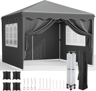 Partytent - Tent - Partytent Opvouwbaar - Pop Up Tent - Pop-Up Partytent met Zijwanden - 3x3m - Verstelbare Hoogte, Ramen & Wieltas - Grijs