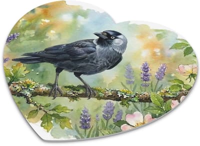 Hartvormige "Aquarel Series" Muismat Kauw op Tak met Wilde Rozen & Lavendel - Bureaumat met Zwarte Tuinvogel Waterverf Illustratie voor Computer & Laptop - Origineel Cadeau voor haar: Vrouw,Vriendin & Collega - Botanisch Bureau Accessoire