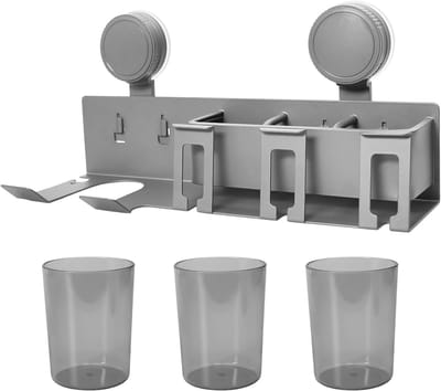 Toothbrush Holder Set voor de Badkamer met 3 Grijze Bekers, Geen Boren, Inclusief Fohnhouder en Ruimtebesparend Ontwerp
