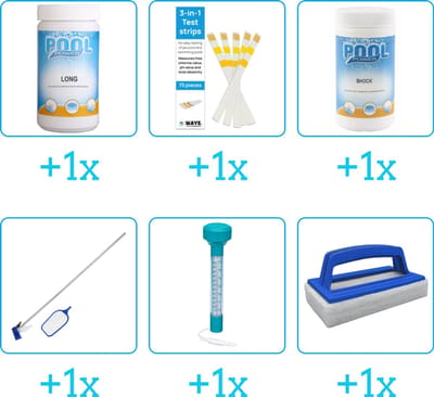Zwembad Onderhoudspakket - Onderhoud Zwembad - bevat Chloor - Testrips - Chloor - Schoonmaakset - Thermometer en Scrubborstel (6-delig)