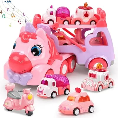 Ensemble de jouets de camion porte-voitures avec lumières et sons Rose Jouet pour fille tout-petit enfant Alimenté par friction Camion de transport à double étage Cadeau