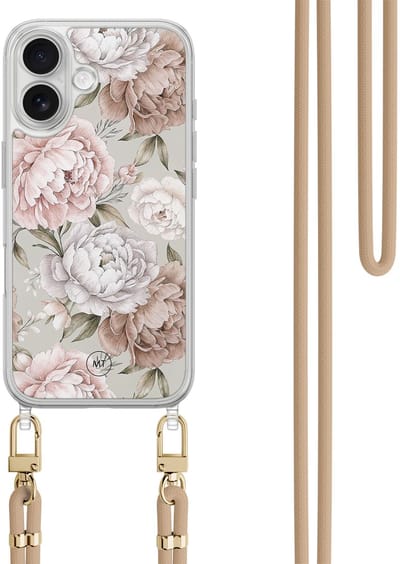 Hoesje met koord geschikt voor iPhone 16 - Klassieke bloemen - Inclusief zwart koord - Crossbody beschermhoes - Transparant, Beige - Mooie Telefoonhoesjes