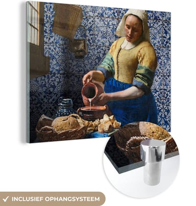 MuchoWow® Glasschilderij 160x120 cm - Schilderij acrylglas - Melkmeisje - Delfts Blauw - Vermeer - Schilderij - Oude meesters - Foto op glas - Schilderijen