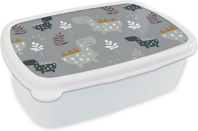 Broodtrommel Wit - Lunchbox - Brooddoos - Patronen - Jongens - Kinderen - Dinosaurus - 18x12x6 cm - Volwassenen