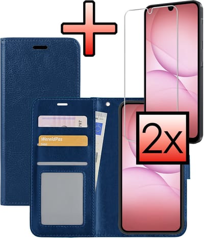 Hoesje - Met 2x Screenprotector - Geschikt voor Samsung Galaxy A17 - Luxe Pasjeshouder - Bookcase Portemonee - Flip Case - Kunstleer Book Case - Flipcase Hoes - Book Cover - Walletcase - Portemonneehoes - Donkerblauw