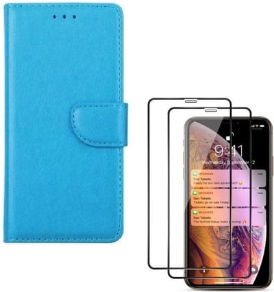 Bookcase Geschikt voor: iPhone X / XS - turquoise - Portemonnee hoesje + 2X Full cover Tempered Glass Screenprotector